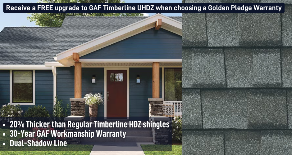 GAF Timberline UHDZ shingles on a home and a close up of the shingles